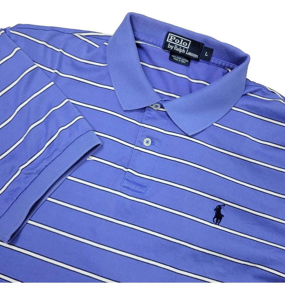 Vintage Polo Ralph Lauren Mens Large Blue White Striped Stretch Knit Pima Cotton